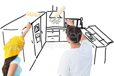 Composite image of happy young couple painting together