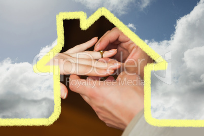 Composite image of close up on man putting on ring during marria