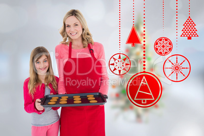 Composite image of mother and daughter with baking tray