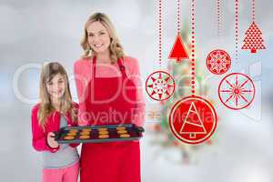 Composite image of mother and daughter with baking tray