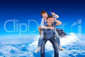 Composite image of man giving girl a piggy back