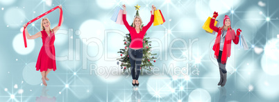 Composite image of happy blonde holding shopping bags