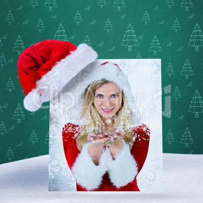 Composite image of pretty girl in santa outfit with hands out