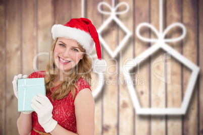 Composite image of smiling blonde in red dress wearing gloves an