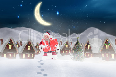 Composite image of santa carrying gifts in the snow