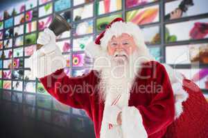 Composite image of happy santa ringing a bell