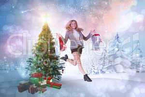 Composite image of festive blonde jumping with shopping bags