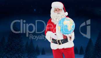 Composite image of happy santa claus holding a globe