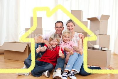 Composite image of cheerful family relaxing sitting on the floor