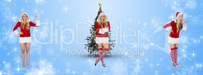 Composite image of pretty girl in santa outfit holding hand up