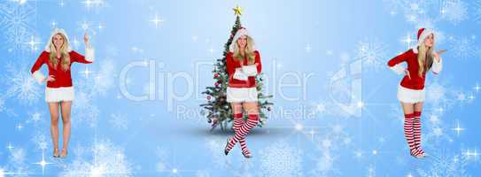 Composite image of pretty girl in santa outfit holding hand up