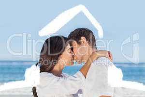 Composite image of couple embracing and kissing each other on th