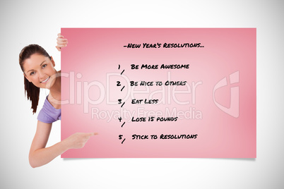 Composite image of good looking female pointing at a list while