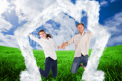 Composite image of couple jumping and holding hands