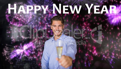 Composite image of man offering champagne