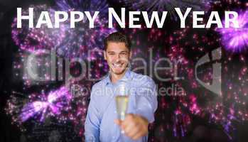 Composite image of man offering champagne