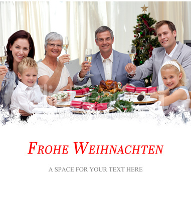 Composite image of family tusting in a christmas dinner with whi