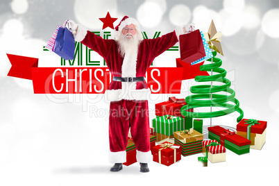 Composite image of santa holds some bags for chistmas