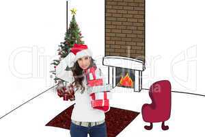 Composite image of stressed brunnette in santa hat holding gifts