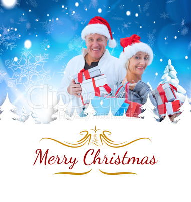 Composite image of couple with shopping bags and gifts