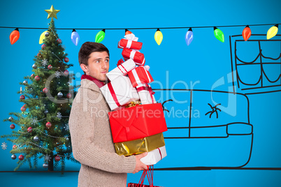 Composite image of young man with many christmas presents