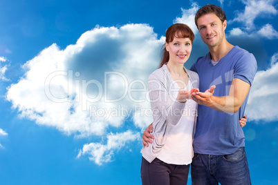 Composite image of couple holding out their hands