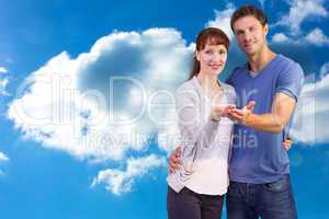 Composite image of couple holding out their hands