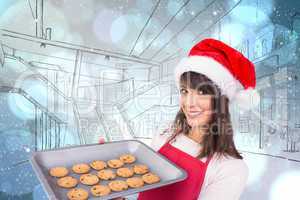 Composite image of brunette in santa hat offering hot cookies