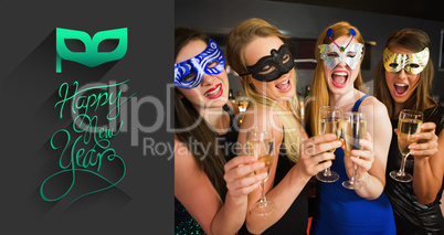Composite image of attractive friends with masks on holding cham