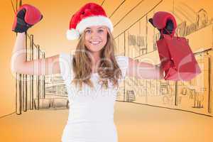 Composite image of festive blonde with boxing gloves and shoppin