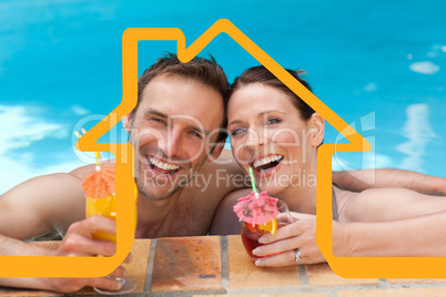 Composite image of beautiful couple drinking cocktails in the sw
