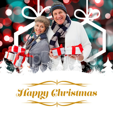 Composite image of festive mature couple holding christmas gifts