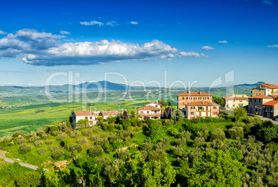 Wonderful Tuscan countryside in spring. Small town on a beautifu