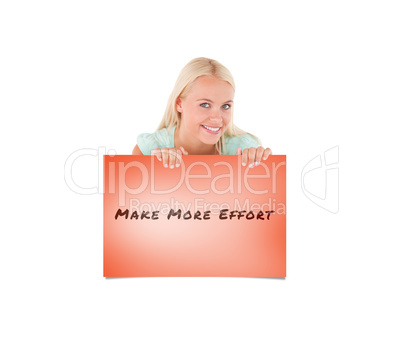 Composite image of smiling woman standing behind a whiteboard