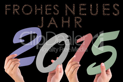 Composite image of hands holding poster