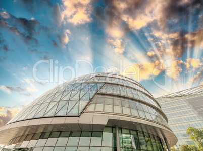 London City Hall at dusk with surrounding buildings
