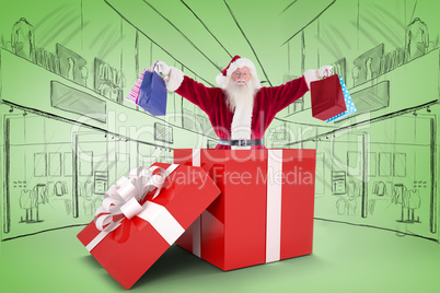 Composite image of santa standing in large gift