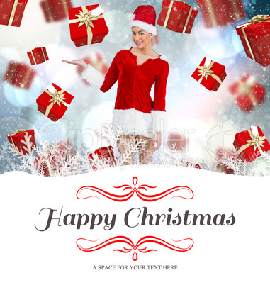 Composite image of pretty santa girl presenting with hand