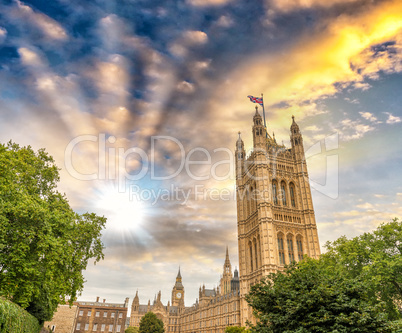London, Westminster Palace surrounded by trees at dusk