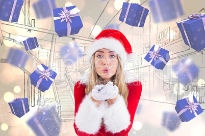 Composite image of pretty santa girl blowing over hands