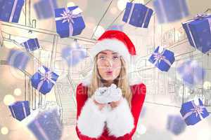 Composite image of pretty santa girl blowing over hands