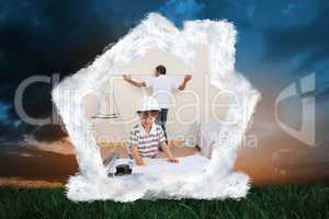 Composite image of father and son refurbishing home