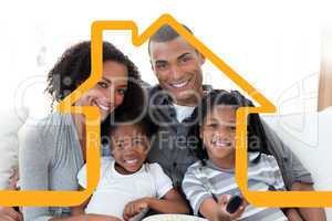 Composite image of family watching television at home