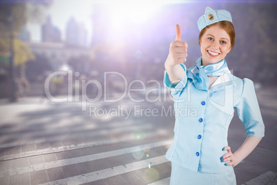 Composite image of pretty air hostess with hand on hip