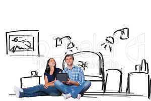 Composite image of young couple sitting on floor with tablet