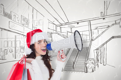 Composite image of festive brunette holding gift bags and megaph