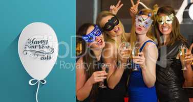 Composite image of attractive women wearing masks holding champa
