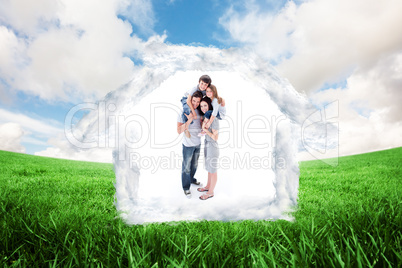 Composite image of cheerful parents giving their children piggyb