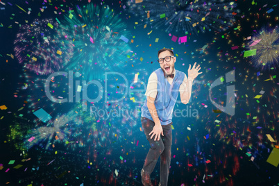 Composite image of geeky hipster dancing like a fool