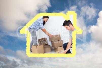 Composite image of woman and man wrapping boxes